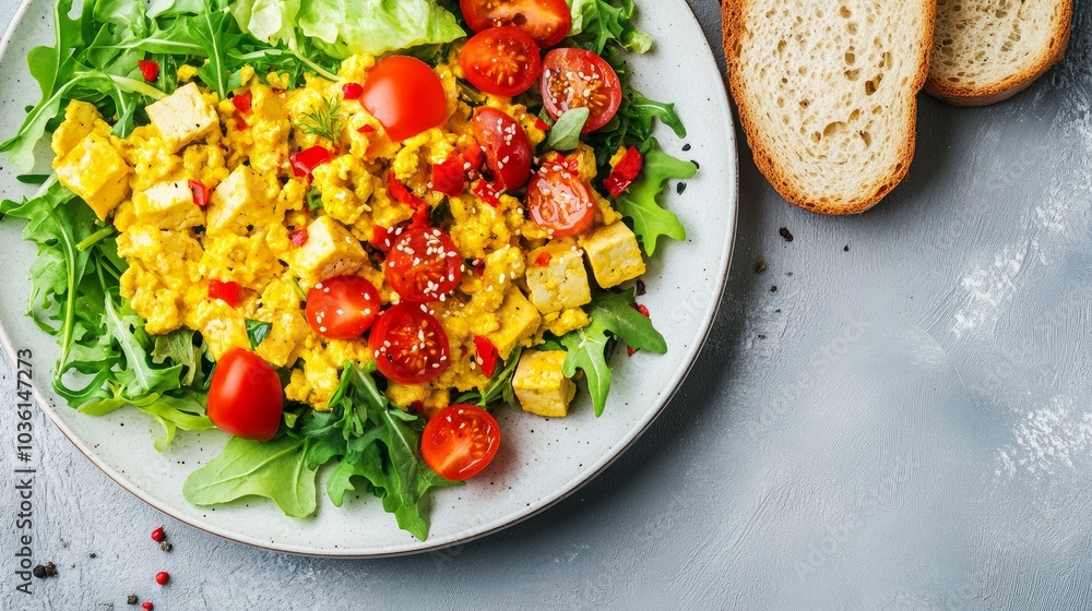On a gray background, a vegan tofu scramble is accompanied by salad, toasted bread, and vegetables. Top view, vegan diet, clean eating, and nutritious breakfast options On a gray background, a vegan tofu scramble is accompanied by salad, toasted bread, and vegetables. Top view, vegan diet, clean eating, and nutritious breakfast options
