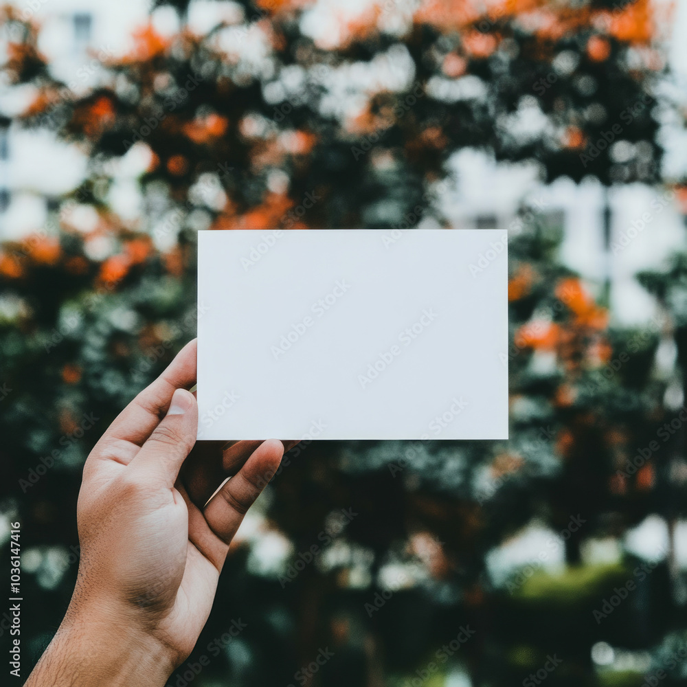 A hand holds up a blank white card against a blurred background of green and orange foliage.