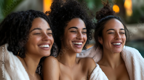 Three women are smiling and hugging each other