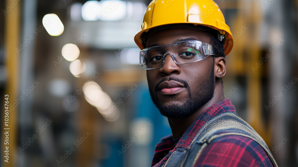 construction worker wearing yellow hard hat and safety glasses stands confidently in industrial setting, showcasing focus and determination. background is blurred, highlighting worker construction worker wearing yellow hard hat and safety glasses stands confidently in industrial setting, showcasing focus and determination. background is blurred, highlighting worker