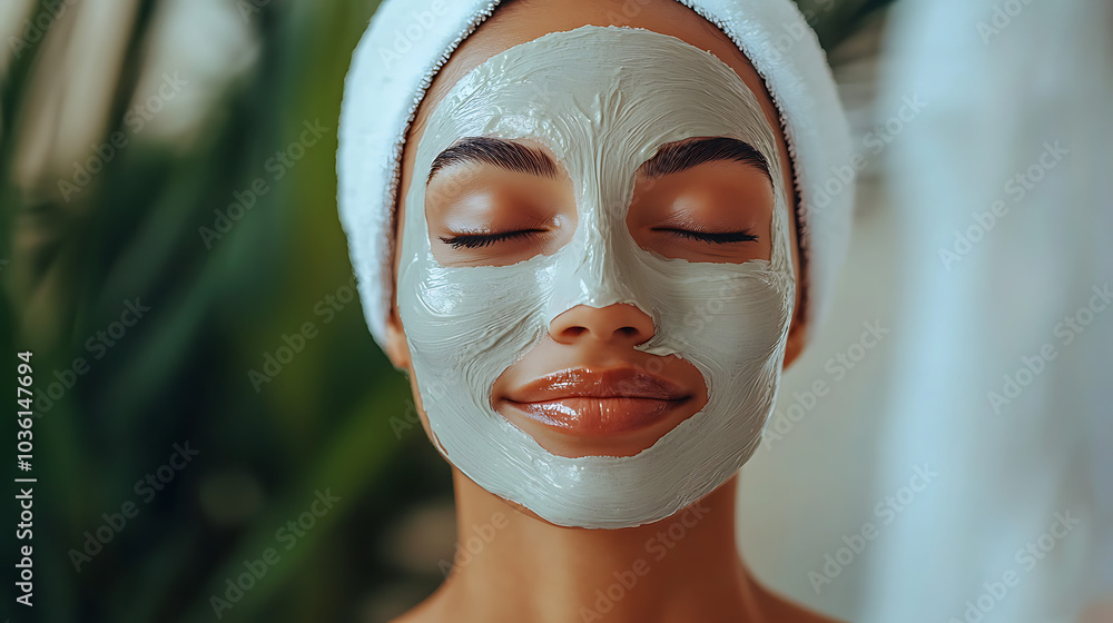 A woman with a white towel on her head and a mask on her face A woman with a white towel on her head and a mask on her face