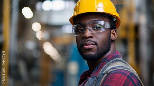 construction worker wearing yellow hard hat and safety glasses stands confidently in industrial setting, showcasing focus and determination. background is blurred, highlighting worker