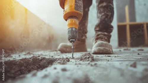 construction worker uses impact drill on concrete floor at building site, with sunlight streaming in. scene captures essence of hard work and dedication photo