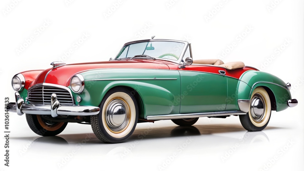 Red and beige classic convertible car with whitewall tires is posing in a studio Red and beige classic convertible car with whitewall tires is posing in a studio