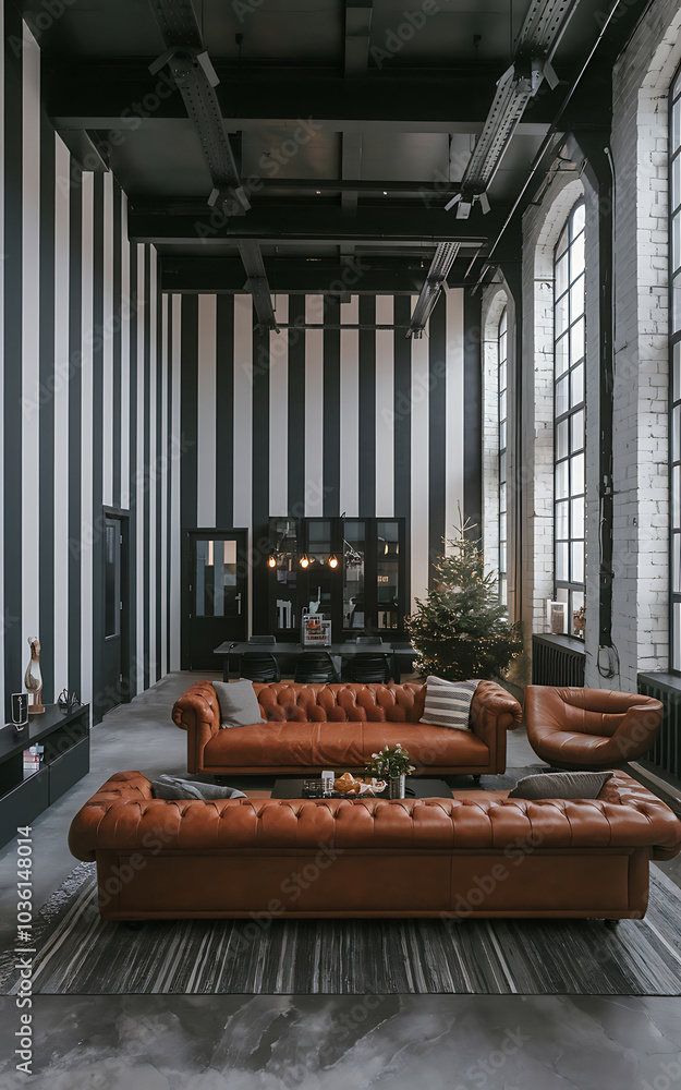 Fototapeta premium Modern Loft Interior Design with Brown Leather Couches and Black White Stripes - Minimalist Chic Style for a Relaxing Home 