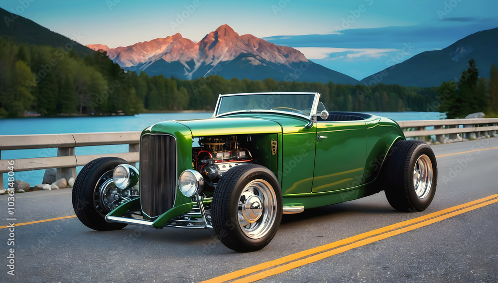 Beautiful unique green vintage hot rod car parked in the street , automotive background, tuning template, auto transport