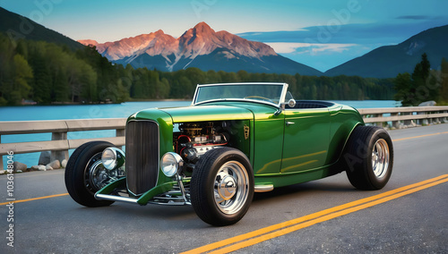 Obraz na płótnie Beautiful unique green vintage hot rod car parked in the street , automotive background, tuning template, auto transport w salonie