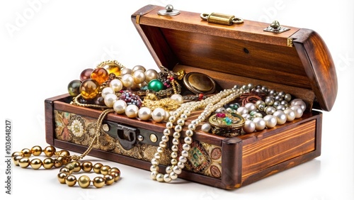 Wallpaper Mural Overflowing wooden jewelry box full of necklaces, bracelets, and other assorted jewelry Torontodigital.ca