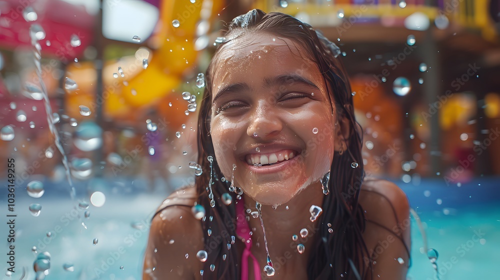 happy girl playing in a water park happy girl playing in a water park