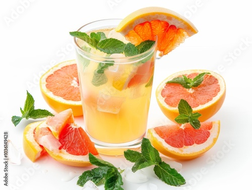 A glass of grapefruit mojito with fresh mint and grapefruit slices on a white background