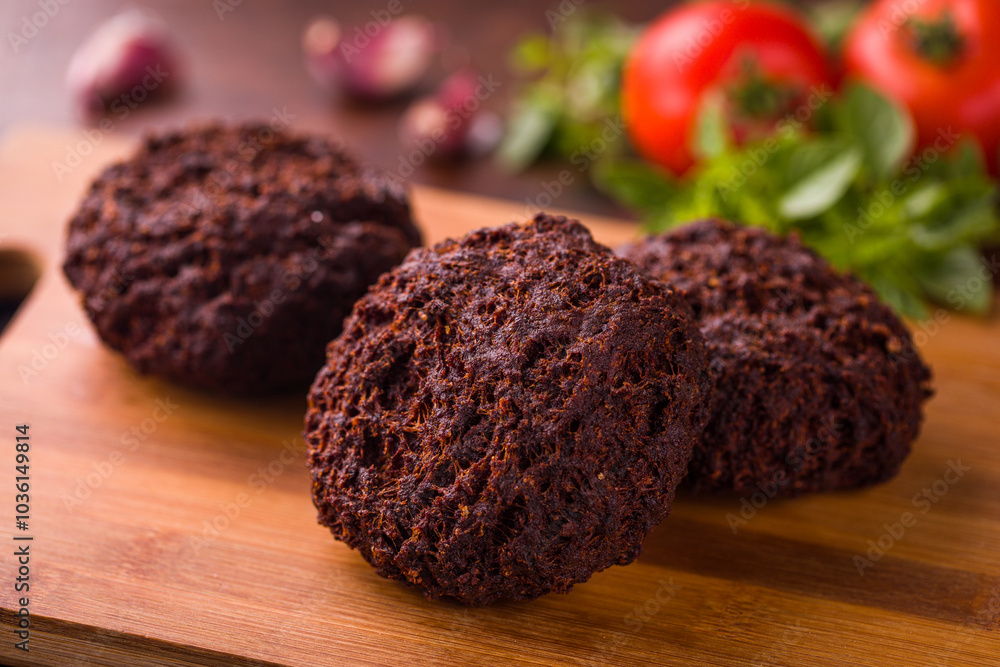 Delicious Crispy Meatball With Fresh Herbs and Tomatoes on Wooden Board Delicious Crispy Meatball With Fresh Herbs and Tomatoes on Wooden Board