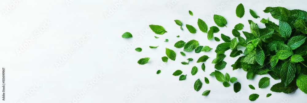 Fresh mint leaves scattered on a white background. Fresh mint leaves scattered on a white background.