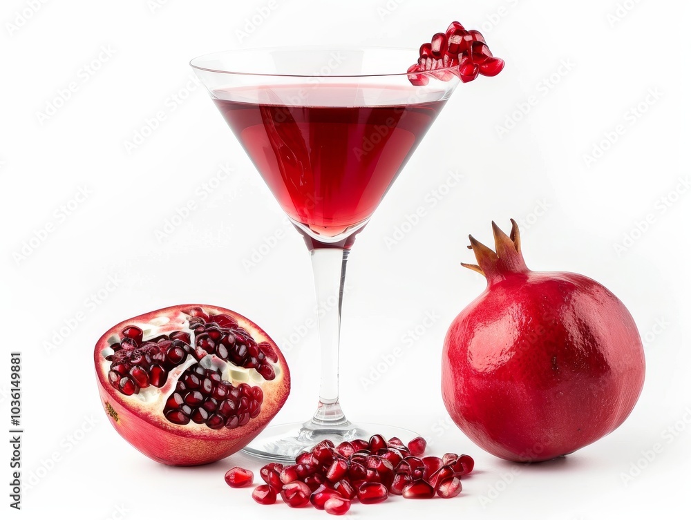 A glass of pomegranate juice with pomegranate seeds on a white background A glass of pomegranate juice with pomegranate seeds on a white background