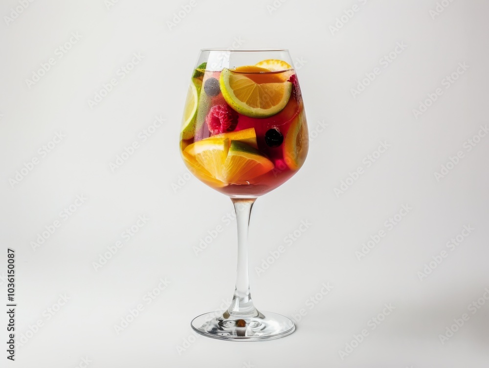 A glass of sangria with a mix of fruit slices on a white background A glass of sangria with a mix of fruit slices on a white background