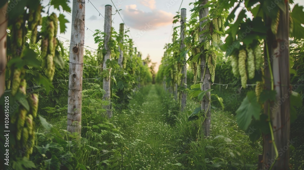 Fototapeta premium A lush hop farm with rows of tall hop vines under a bright blue sky, with farmers tending the plants