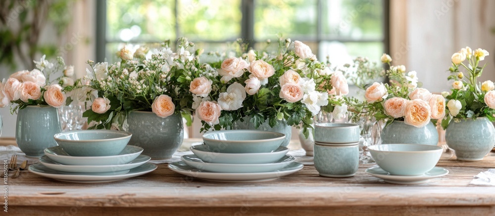 Fototapeta premium Table setting with pastel blue dishes and floral centerpieces.