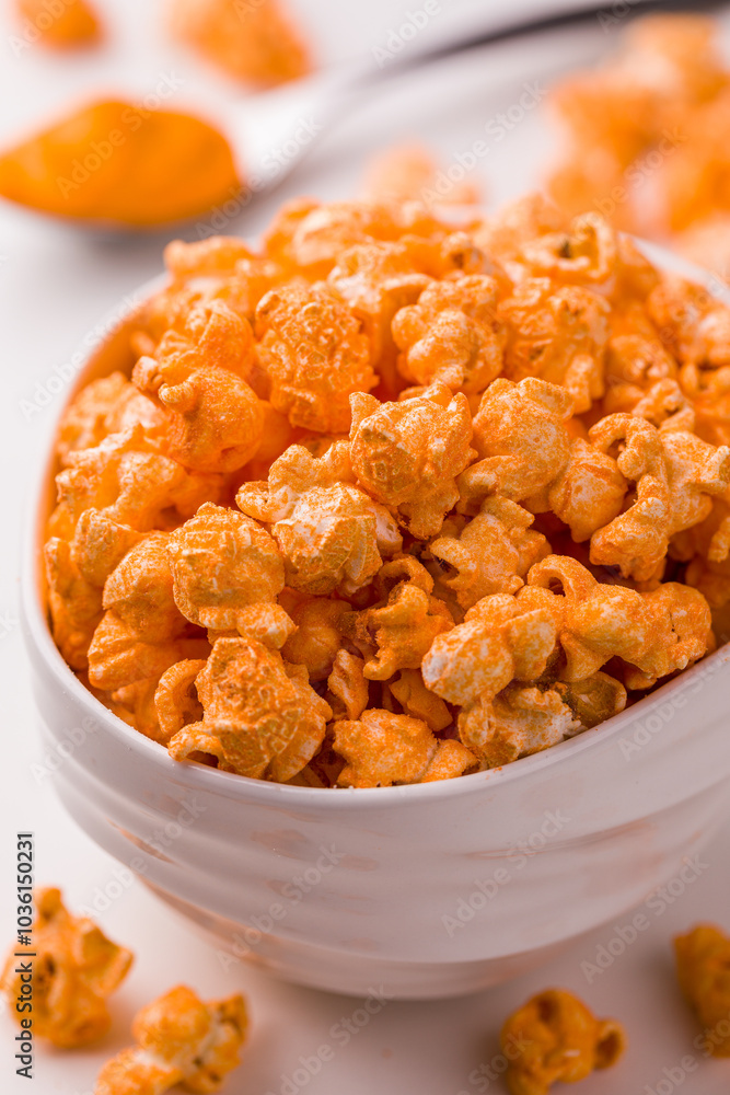 Delicious Cheddar Cheese Gourmet Popcorn in a White Ceramic Bowl Delicious Cheddar Cheese Gourmet Popcorn in a White Ceramic Bowl