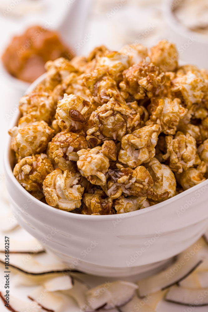 Delicious Gourmet Caramel Popcorn in a White Ceramic Bowl Delicious Gourmet Caramel Popcorn in a White Ceramic Bowl
