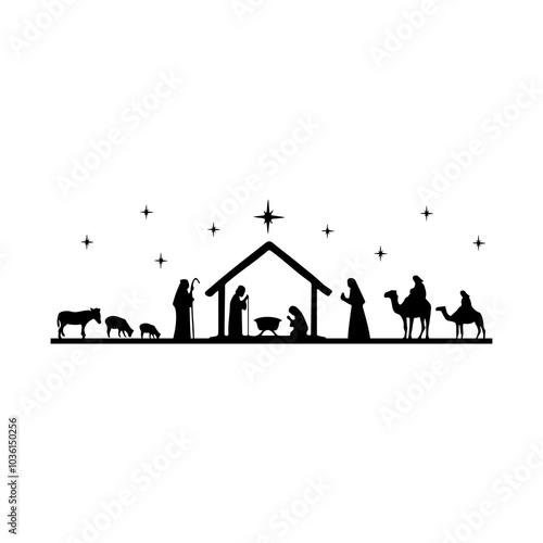 Christmas nativity scene clip art design on plain white transparent isolated background for card, shirt, hoodie, sweatshirt, apparel, card, tag, mug, icon, poster or badge