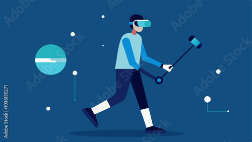 Virtual Reality Testing An illustration of a researcher using a virtual reality headset to simulate walking with a prosthetic limb demonstrating new technologies for testing.