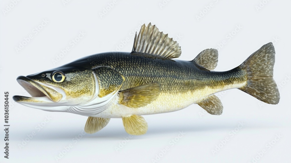 Walleye fish displays its intricate details including striking patterns and textures highlighting its natural beauty against a simple white backdrop. Walleye fish displays its intricate details including striking patterns and textures highlighting its natural beauty against a simple white backdrop.