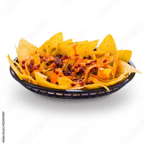 Delicious Plate of Cheesy Nachos With Bacon Topping in Basket