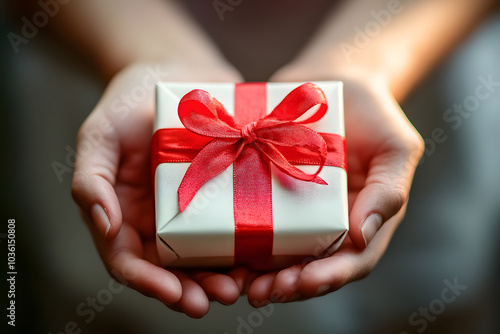 Hands Holding Red Gift Box with White Ribbon