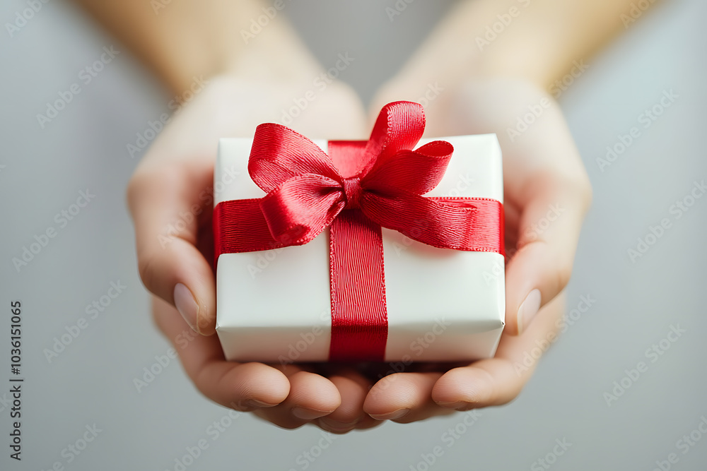Hands Holding Red Gift Box with White Ribbon Hands Holding Red Gift Box with White Ribbon