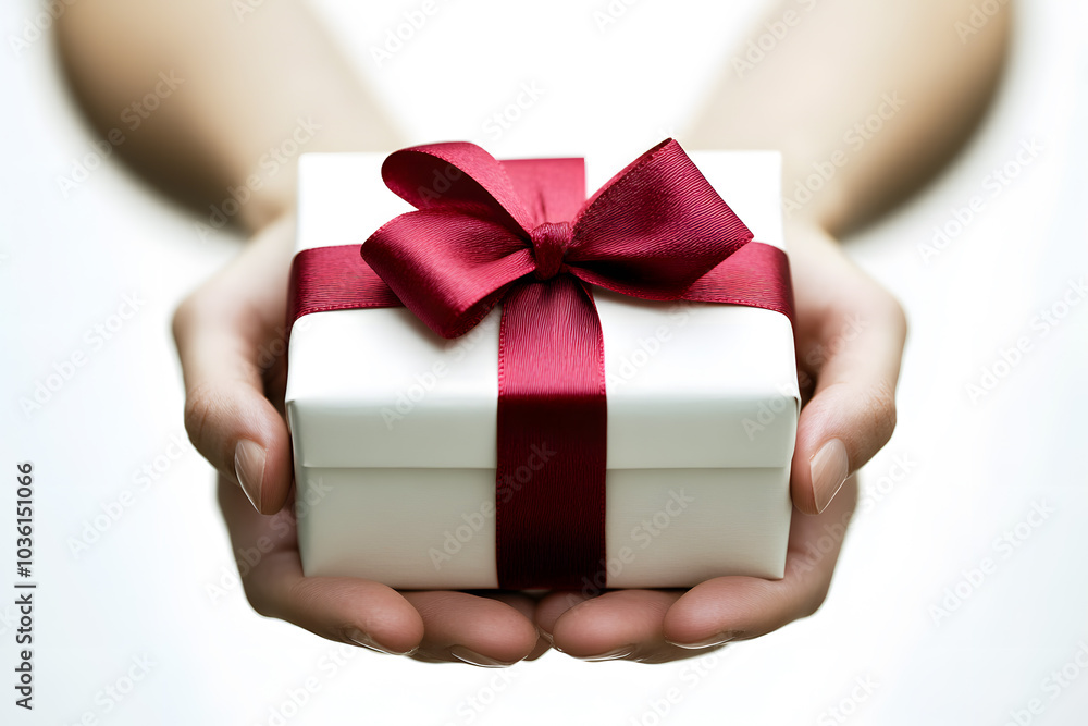 Hands Holding Red Gift Box with White Ribbon Hands Holding Red Gift Box with White Ribbon
