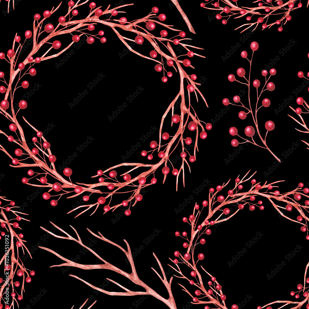 Hand-painted watercolor seamless texture with wreaths of seasonal branches. Pattern with painted branches and wild berries. Illustration for festive decor for Christmas, wedding, birthday. Hand-painted watercolor seamless texture with wreaths of seasonal branches. Pattern with painted branches and wild berries. Illustration for festive decor for Christmas, wedding, birthday.