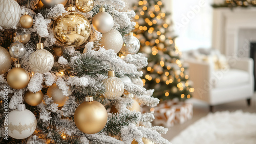 Beautifully decorated Christmas tree with white and golden Christmas ornaments