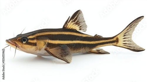 Striped Raphael Catfish showcases its distinctive striped pattern while swimming gracefully in an aquatic setup. Its unique features are clearly visible highlighting its beauty. photo