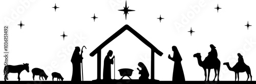 Christmas nativity scene clip art design on plain white transparent isolated background for card, shirt, hoodie, sweatshirt, apparel, card, tag, mug, icon, poster or badge