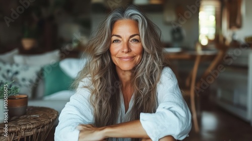 A poised, mature woman with flowing gray hair sits peacefully in her stylish home, embodying calm and wisdom amidst minimalistic decor and natural light.