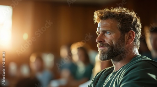 A thoughtful man with a beard is deeply focused on listening and learning in a classroom setting, surrounded by peers, immersed in the educational environment.