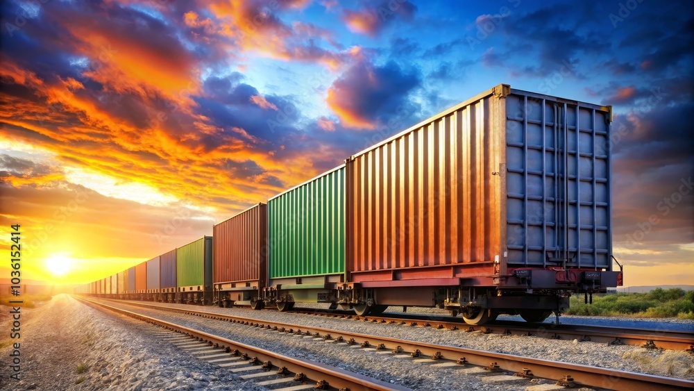 Long freight train transporting cargo containers is traveling on railroad at beautiful sunset Long freight train transporting cargo containers is traveling on railroad at beautiful sunset