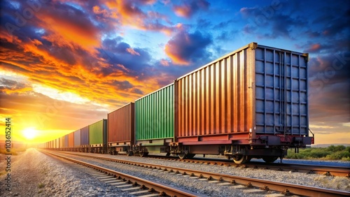 Long freight train transporting cargo containers is traveling on railroad at beautiful sunset