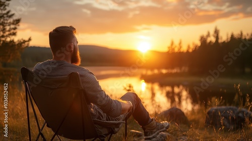 A bearded man enjoys a vibrant sunset in a camping chair overlooking a calm lake, capturing tranquility and the serene beauty of nature's twilight display. photo