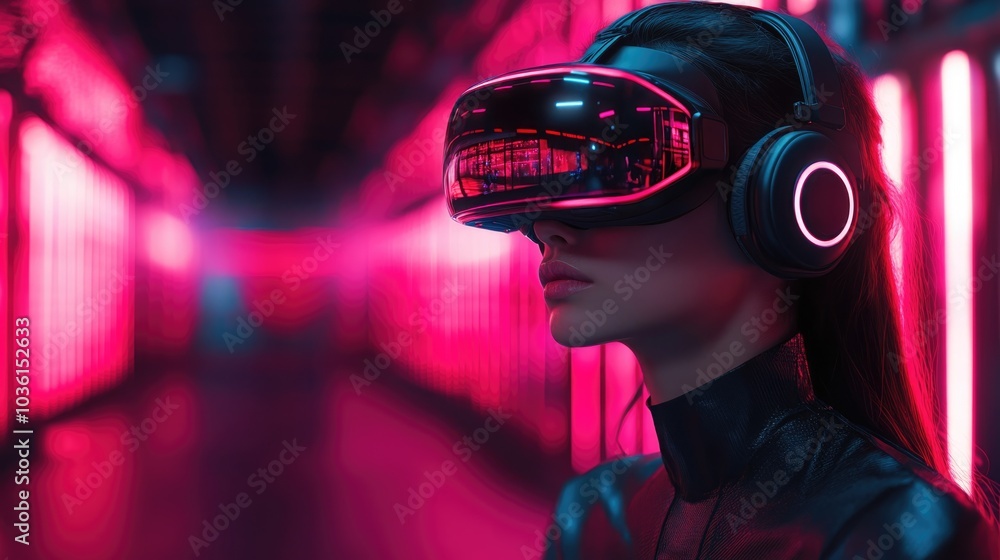 Woman in VR Headset and Headphones with Neon Lights Woman in VR Headset and Headphones with Neon Lights