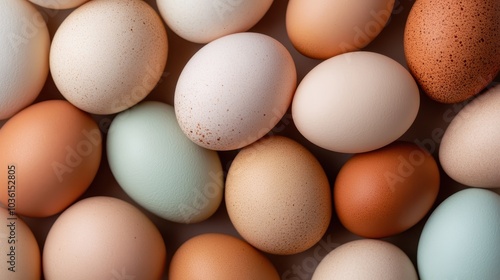 A collection of eggs showing various colors and speckles, from pale mint to rich brown, are closely gathered, reflecting natural diversity in a warm setting.