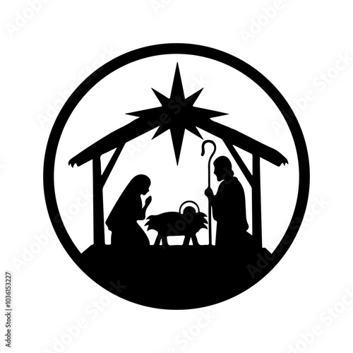 Christmas nativity scene clip art design on plain white transparent isolated background for card, shirt, hoodie, sweatshirt, apparel, card, tag, mug, icon, poster or badge
