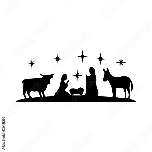 Christmas nativity scene clip art design on plain white transparent isolated background for card, shirt, hoodie, sweatshirt, apparel, card, tag, mug, icon, poster or badge