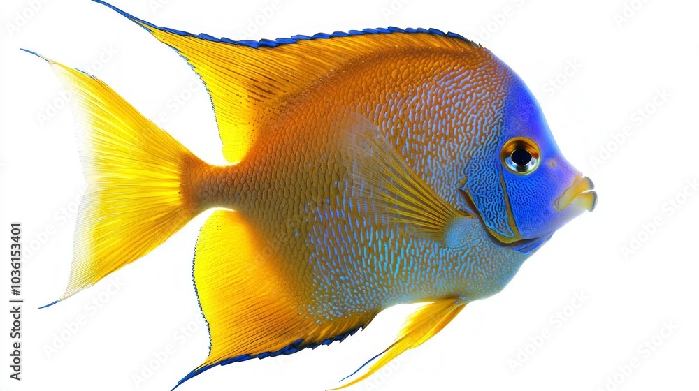 Naklejka premium Queen Angelfish elegantly swims with striking blue and yellow patterns visible against a stark white backdrop highlighting its beauty and uniqueness as a marine species.