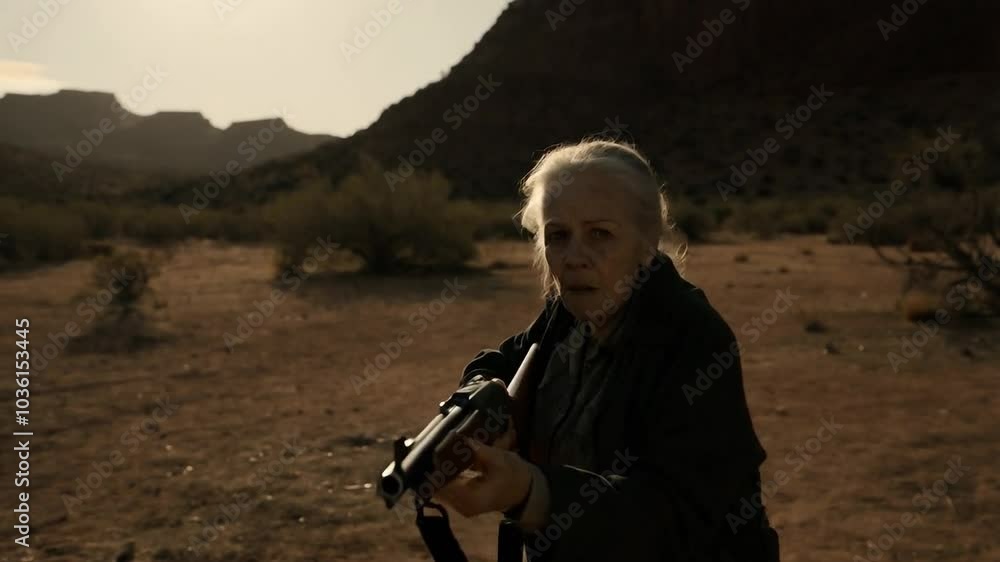 Old lady looks around with a rifle in her hand Stock Video | Adobe Stock