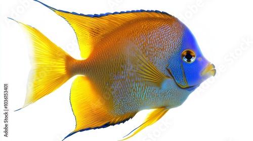 Queen Angelfish elegantly swims with striking blue and yellow patterns visible against a stark white backdrop highlighting its beauty and uniqueness as a marine species. photo