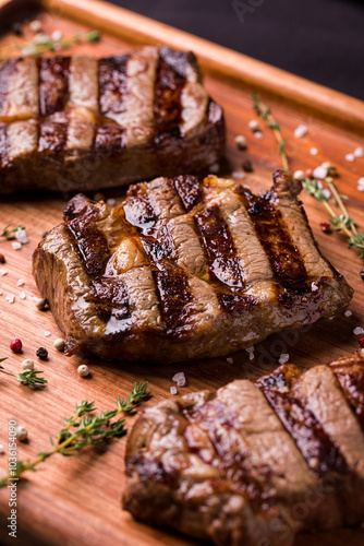 Delicious Grilled Ancho Steaks on Wooden Platter with Seasoning