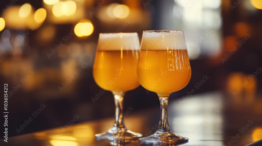 Two Glasses of Beer on a Bar Counter Two Glasses of Beer on a Bar Counter