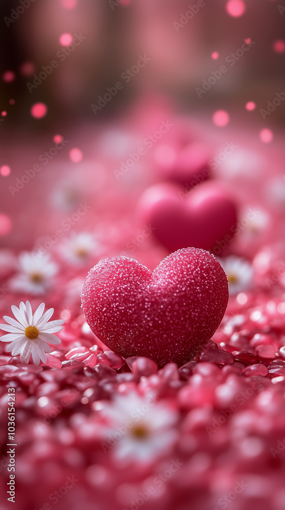Obraz premium pink heart-shaped candies, and small white daisies scattered on the ground