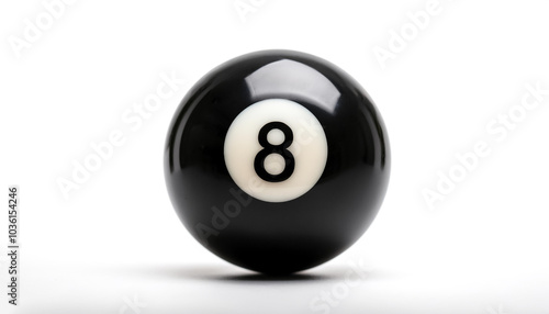 number 8 eight ball, the black ball, used in pool billiard games on side position provides copy space for text. background concept isolated white