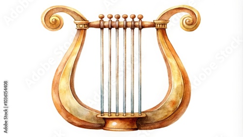 Golden lyre painted with watercolors, representing history, music, and ancient culture